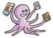 A colorful drawing of an octopus holding books!