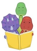 Cartoon dinosaurs reading a book.
