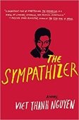Red cover of The Sympathizer by Viet Thanh Nguyen with a stylized black face illustration and yellow title text.