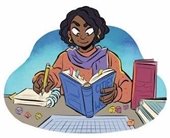 Person reading a book and taking notes at a desk with colorful dice.