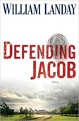 Cover for Defending Jacob by William Landay, featuring bold red title text over a cloudy sky and a faint fingerprint image above a grassy landscape.
