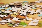 A pile of puzzle pieces.