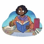 Person studying a book and writing notes at a desk with dice, suggesting Dungeons & Dragons strategy.