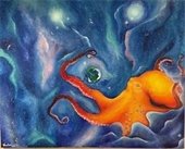 Painting by Evelyn Dowd. An octopus underwater.