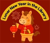 Lunar New Year in the Library. Animated horse holding a Chinese lantern.