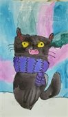 Painting of a black cat wearing a colorful scarf.