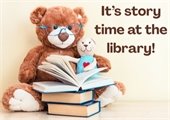 It's story time at the library. A teddy bear with a pile of books.
