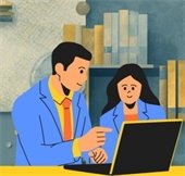Illustration of two people providing tech help on a laptop in a library setting.