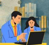 Illustration of two people providing tech help on a laptop in a library setting.