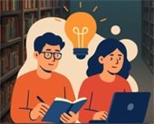 Writers at the library. Two individuals writing on a notepad and the other on a laptop.