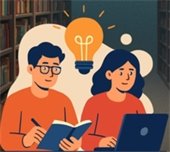 Illustration of two people in a library, one writing in a notebook and the other using a laptop, with a lightbulb above them.