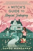 Illustrated book cover for A Witch’s Guide to Magical Innkeeping by Sangu Mandanna, featuring a cozy mint-green cottage behind a picket fence and garden under a pink sky, with a woman reading beside a fox and a man holding a mug nearby, creating a warm, whimsical mood.