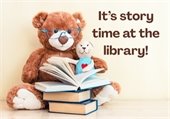 It's story time at the library. A teddy bear with a pile of books.