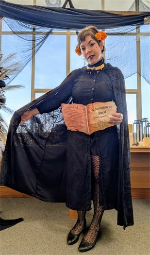 Supervisor Arroyo on the 5th floor of the courthouse, ready to perform some "commitment spells" dressed up for Halloween.