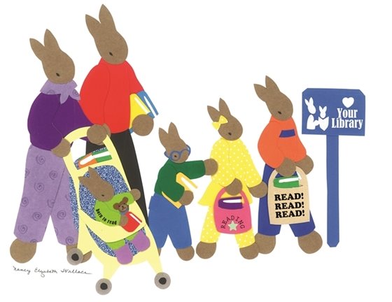Take Your Child to the Library Day logo featuring a rabbit family traveling to the library.