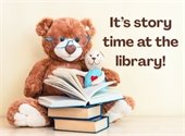 Storytime at the Library. A teddy bear with a pile of books.