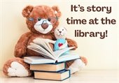 It's story time at the library. A teddy bear with a pile of books.
