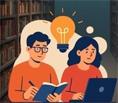 Two people in a library, one writing in a notebook and the other using a laptop, with a lightbulb above them.