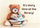 It's story time at the library. A teddy bear with a pile of books.