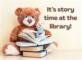 It's Story Time at the Library! A teddy bear with a pile of books.