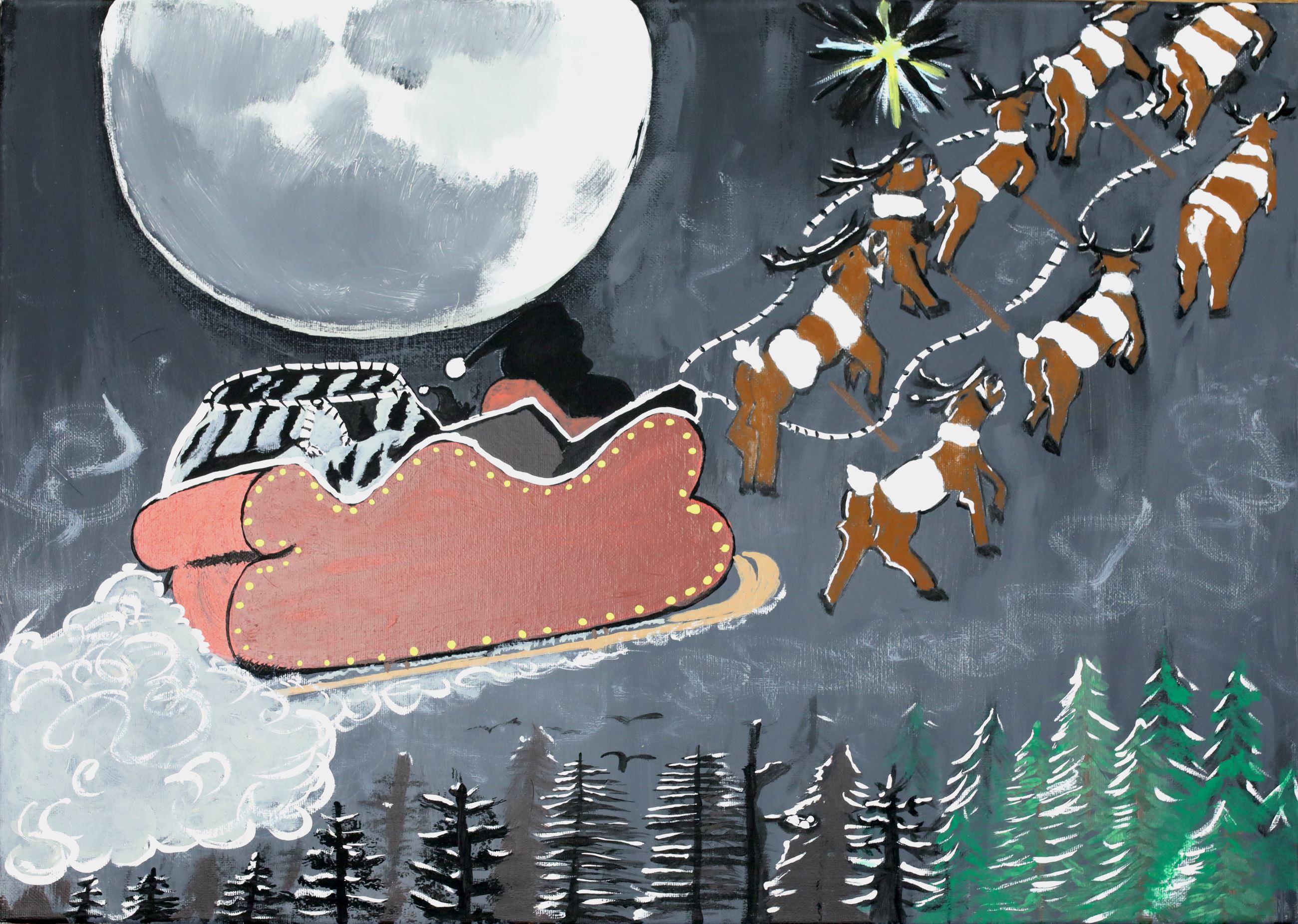 painting of Santa being pulled in sleigh above treetops