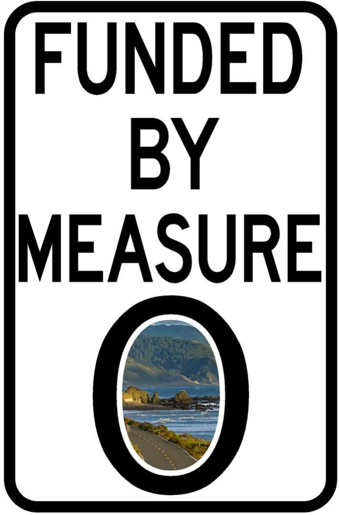 Measure O Logo: a regulatory road sign reading Measure O with a picture of Mattole Road in the O.