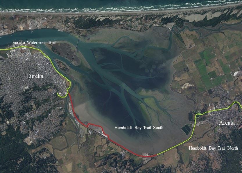 Wide view showing the majority of Eureka Waterfront Trail, Humboldt Bay Trail South and North.