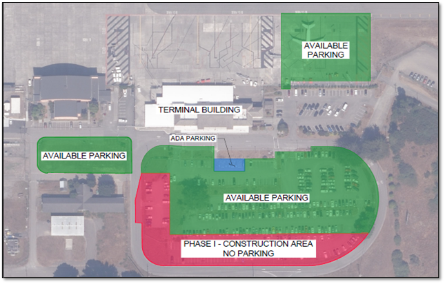 Phase I Parking Diagram showing the parking area closed at the portion of the lot furthest away form