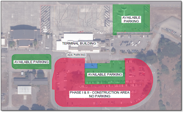 Phase II Parking Diagram showing closed areas around the outer portion of the main lot. Available pa