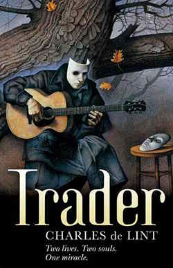 Book cover for \"Trader\" by Charles de Lint. A headless man with a mask playing the guitar.
