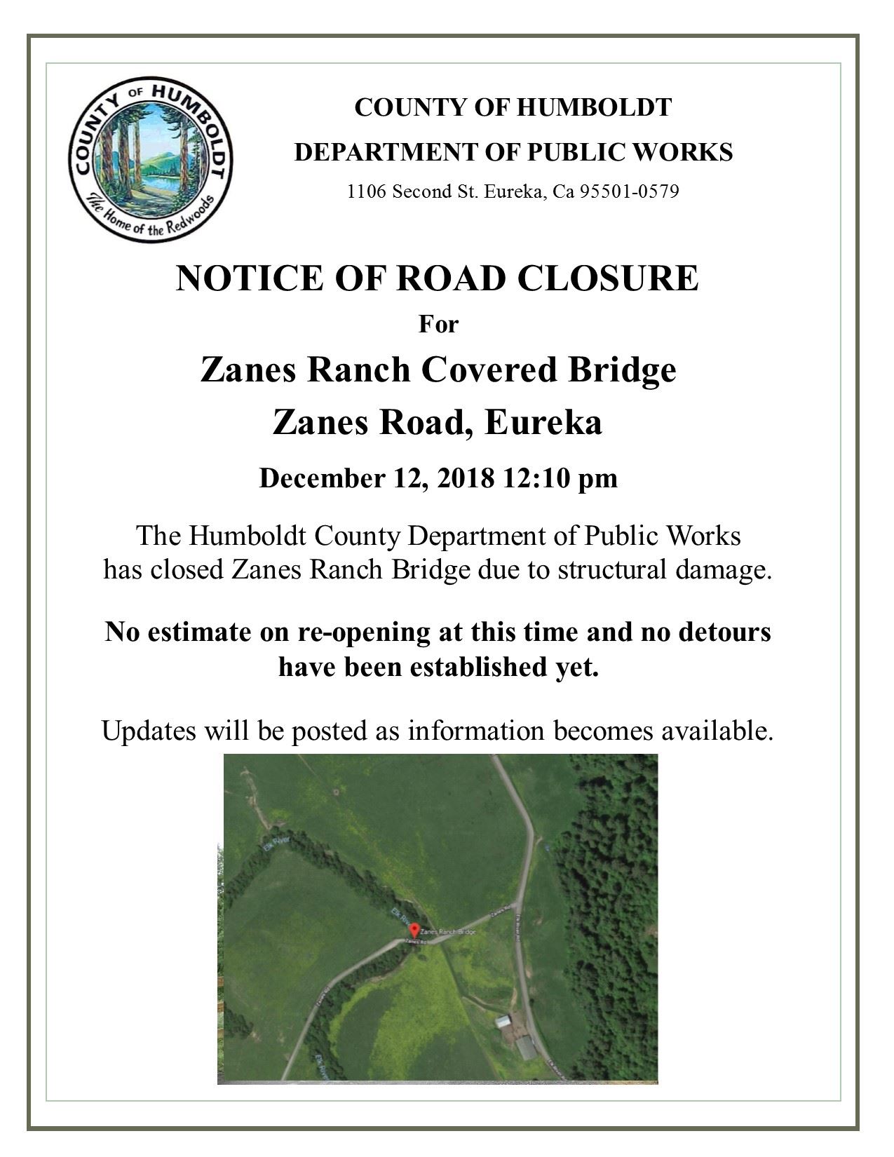 Zanes Bridge Closure